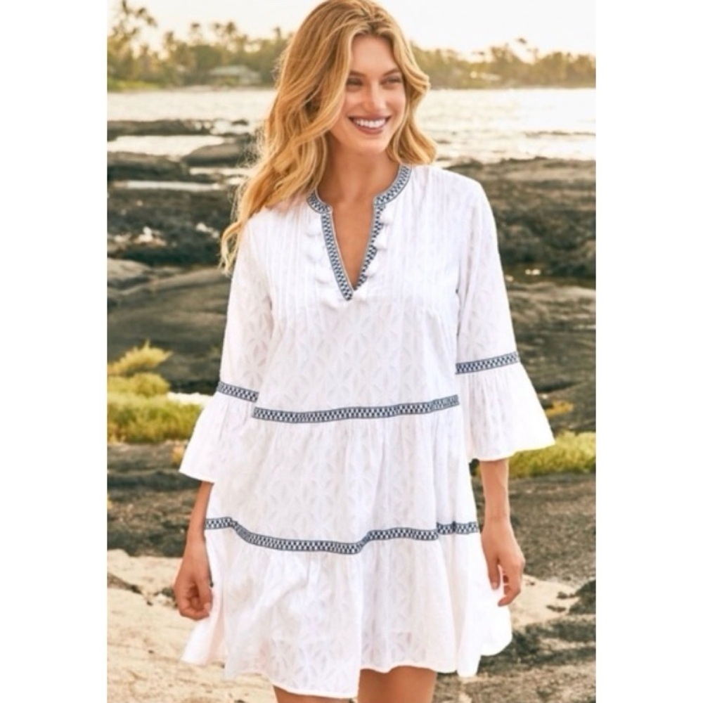 Tommy Bahama Cotton Clip Embroidered Tier Dress L vacation white boho country